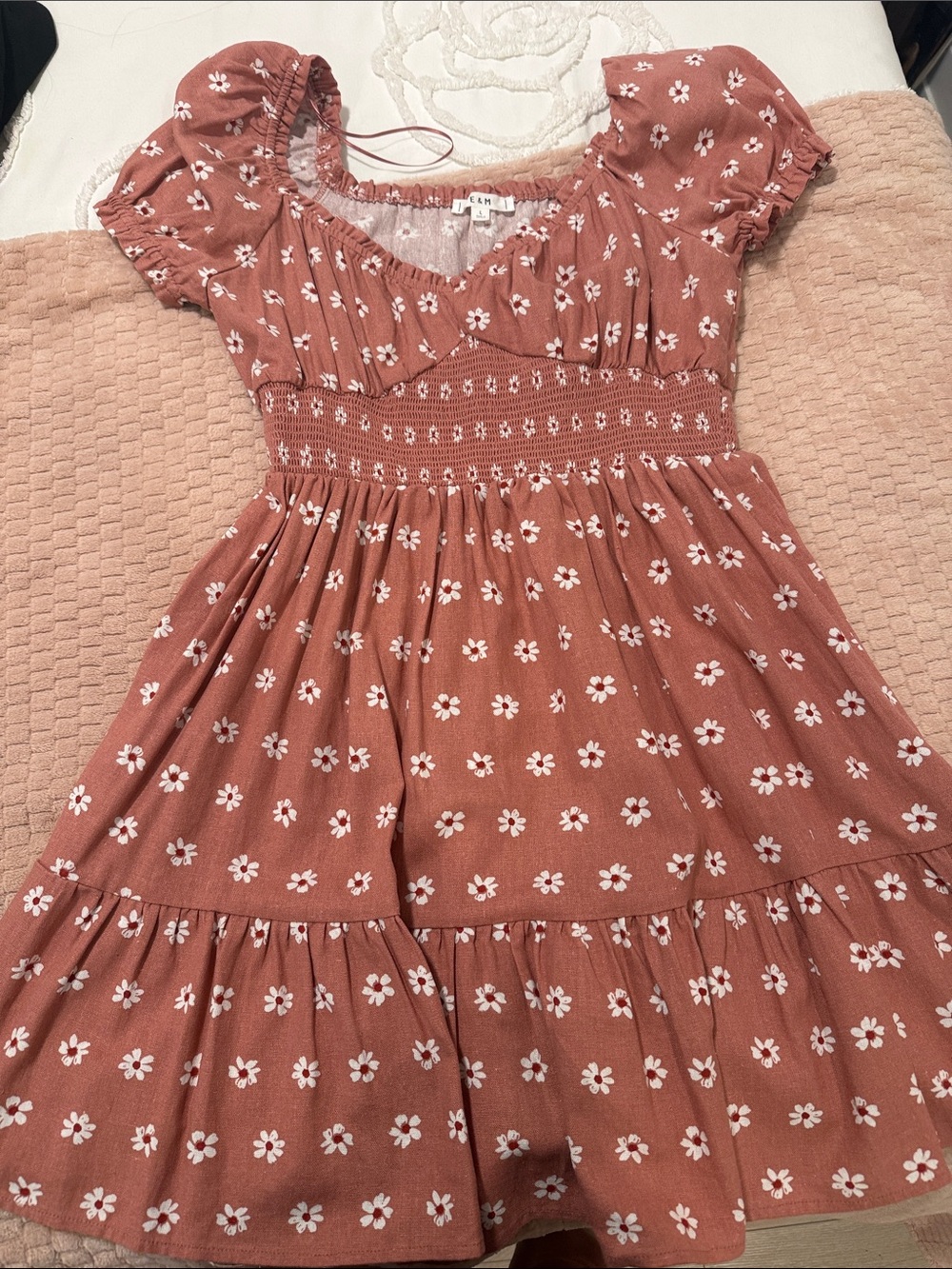 Rust Floral Smocked Mini Dress with Puff Sleeves